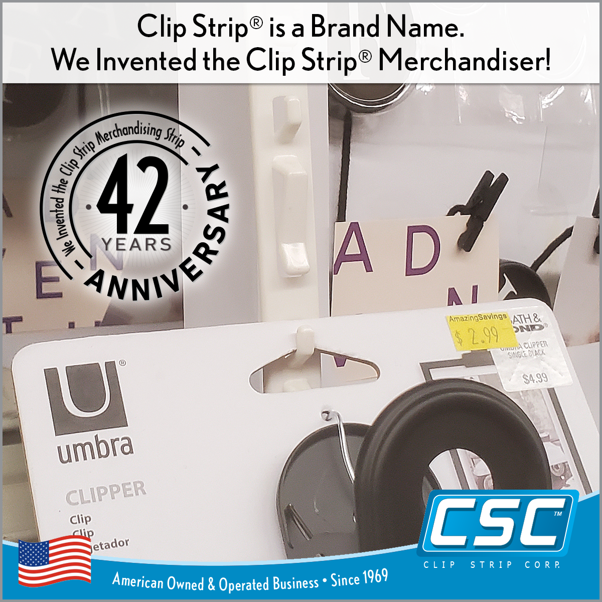 Clip Strip® Black Merchandising Strip, 6 Hooks, with Tape, CS-6BK