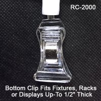 Clear Roto Clip Sign Holder. Bottom clip fits fixtures, racks or displays up to 1/2" thick, RC-2000