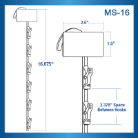 16.875" long, metal clip strip with a suction cup for glass surfaces, 6 hooks, MS-16SC Series