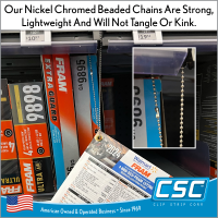 Clip Strip Corp's #6 ball chains (1/8" diameter) support up to 20 lbs