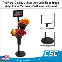 Compact, Black Floral Display Stand  – Includes 2 Plastic Vases & Sign Holder, FDC-145012