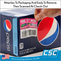 Instant redeemable coupons are attached to packaging and are manufactured to be easily removed, then scanned at check out. IRC-Series, by Clip Strip Corp.