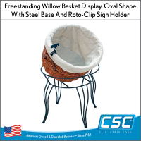 Willow Basket Display, Freestanding Large Oval Shape w/ Steel Base and Sign Holder, O.D. 22.25"W x 27"H x 17"D, Item #RWBD-27