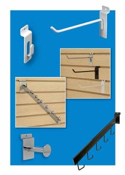 Metal Slatwall display hooks, chrome, black and white, clip strip corp.