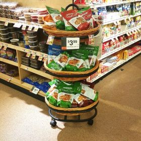 floor grocery display, 3 wicker baskets, on Wheels, WBFD-50-3