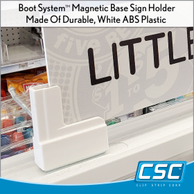 Clip Strip Corp.'s White Magnetic Boot System for gondola signage, Item# BSM-8507. In Stock NOW.