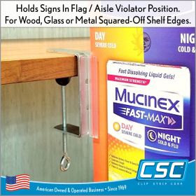 C Clamp aisle violator flag sign holder for squared off shelves, CCMA-03, in stock and ready to ship