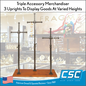 Adjustable Triple Countertop Accessory Display with Cherry Wood Base, and three Uprights, ATCAD-228