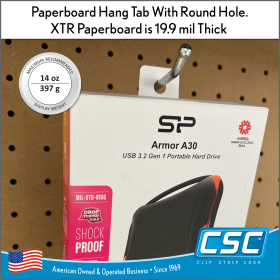 Round Hole PAPER Hang Tab Made of White 20 point DURABLE (505 micron) Paperboard, stronger than most paperboard, ETR-1-3125