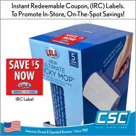 Instant Redeemable Coupons (IRC Labels), IRC-Series, by Clip Strip Corp.
