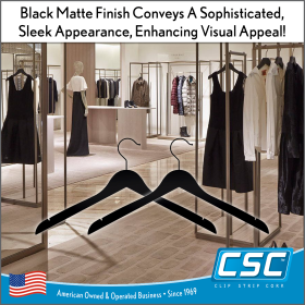 Black matte Wooden Hangers for upscale boutiques and fashion retailers, 17" x .50" with two Notches – Item# WHBD-17-5-2