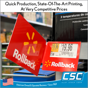 Quick turn-around time for Walmart Rollback Label Frames / Holders, WMRB-Series